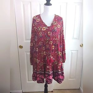 ALTAR'D STATE Burgundy Floral  Boho Babydoll Tunic Mini Dress Small